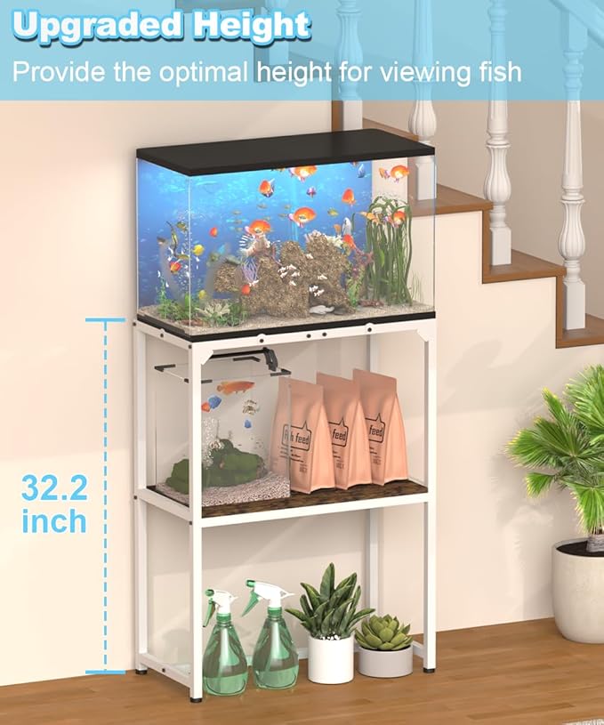 20 Gallon Fish Tank Stand, Upgraded Height Aquarium Stand Table with 2 Tiers Storage Shelf, Metal Reptile Breeder Turtle Terrarium Stand Rack for Home Office, 24" L x 12" W x 32.2" H, 510 LBS Capacity, White