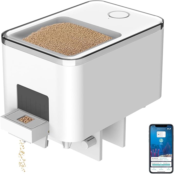 Bluetooth Automatic Fish Feeder for Aquarium, Food Dispenser for Fish Tank with App Control, USB and Rechargeable Battery Powered, Suitable for Small Fish Tank Pelleted Food, White