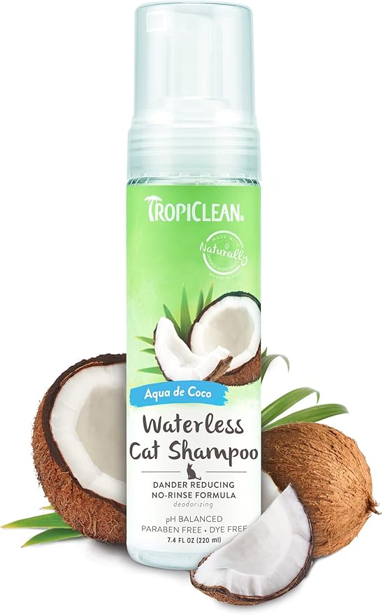 TropiClean Aqua de Coco Waterless Cat Shampoo | Cat Dandruff & Cat Allergen Reducer | Natural Dry Cat Shampoo Derived from Natural Ingredients | Made in The USA | 7.4 oz