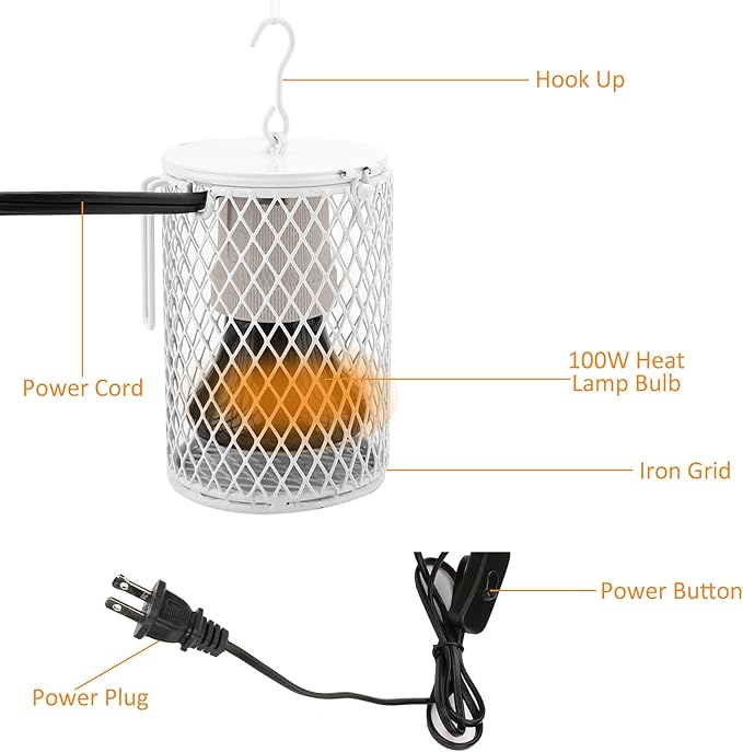 Ceramic Heat Lamp Bulb with Lampshade, 100W Infrared Emitter Heater Lamp Bulbs for Pet Brooder Coop Chicken Lizard Snake Aquarium, with Power Switch&Anti-Biting Hanging Hook