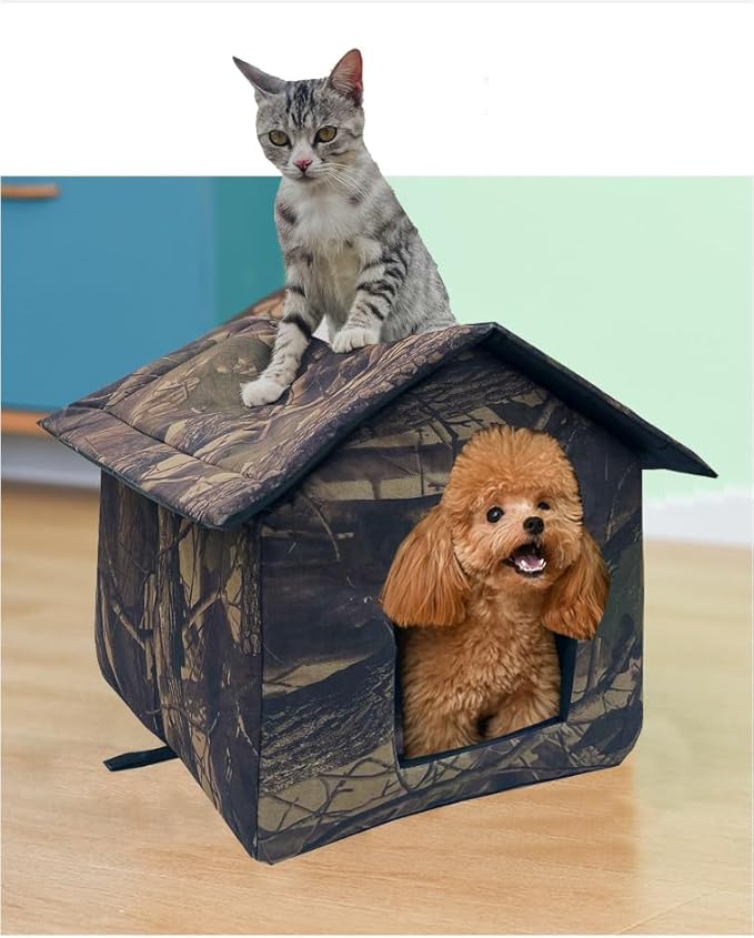 Outdoor/Indoor Faux Woodland Insulated Cat House, Waterproof, Insulated, Concealed, Collapsible, Removable, Easy to Clean. Suitable for Felines or Small Dogs(L)