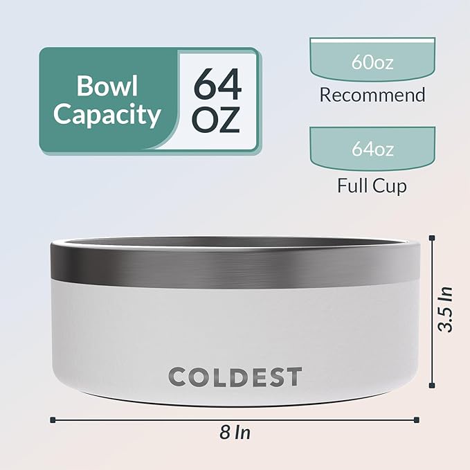 Coldest Dog Bowl - Anti Rust Metal & Non Slip Dog Bowls Large, Spill Proof Heavy Duty 3 Layers Insulated Dog Bowl - Food and Water Bowl for Dogs, Cats & Pets, Dishwasher Safe (64 oz, Epic White)