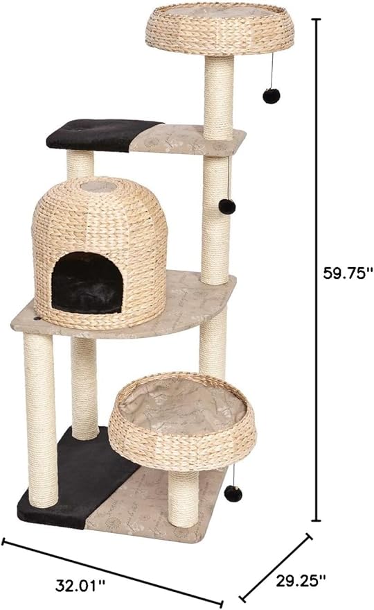 MidWest Homes for Pets Cat Tree | Biscayne Cat Furniture, 5-Tier Cat Tree w/Sisal Wrapped Support Scratching Posts & High Cat Look-Out Perch, Woven Rattan & Script, Large Cat Tree