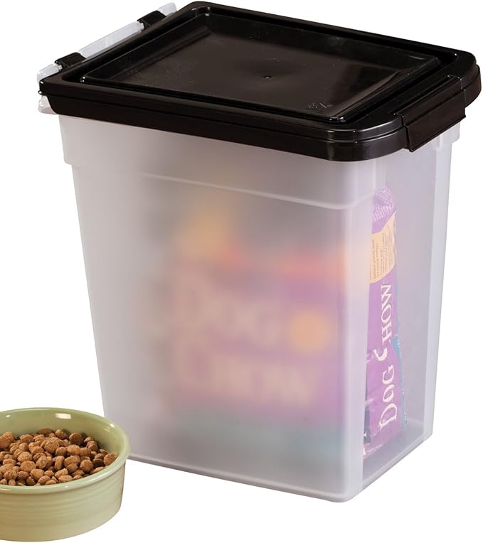 IRIS USA WeatherPro Airtight Pet Food Storage Container, Up to 10 lbs, for Dog Cat Bird and Other Pet Food Storage Bin, Keep Fresh, Translucent Body, BPA Free, Clear/Black