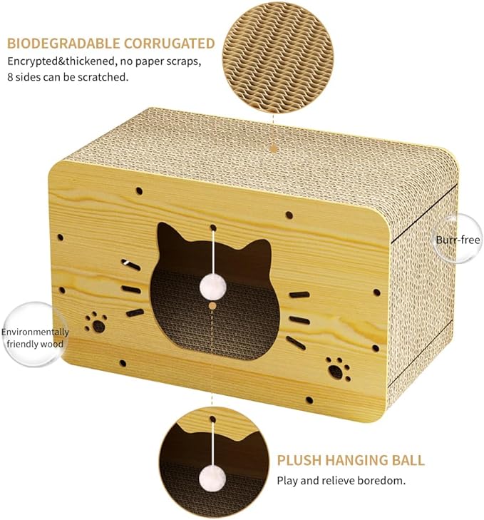 Cat Scratcher House, Cat Condo with Cat Scratcher Board, Hanging Ball Toy and Cat Scratching Pad, Large Space Cardboard Cat Bed Cave，Suitable for Cats to Rest&Scratching Cat Scratch Pad