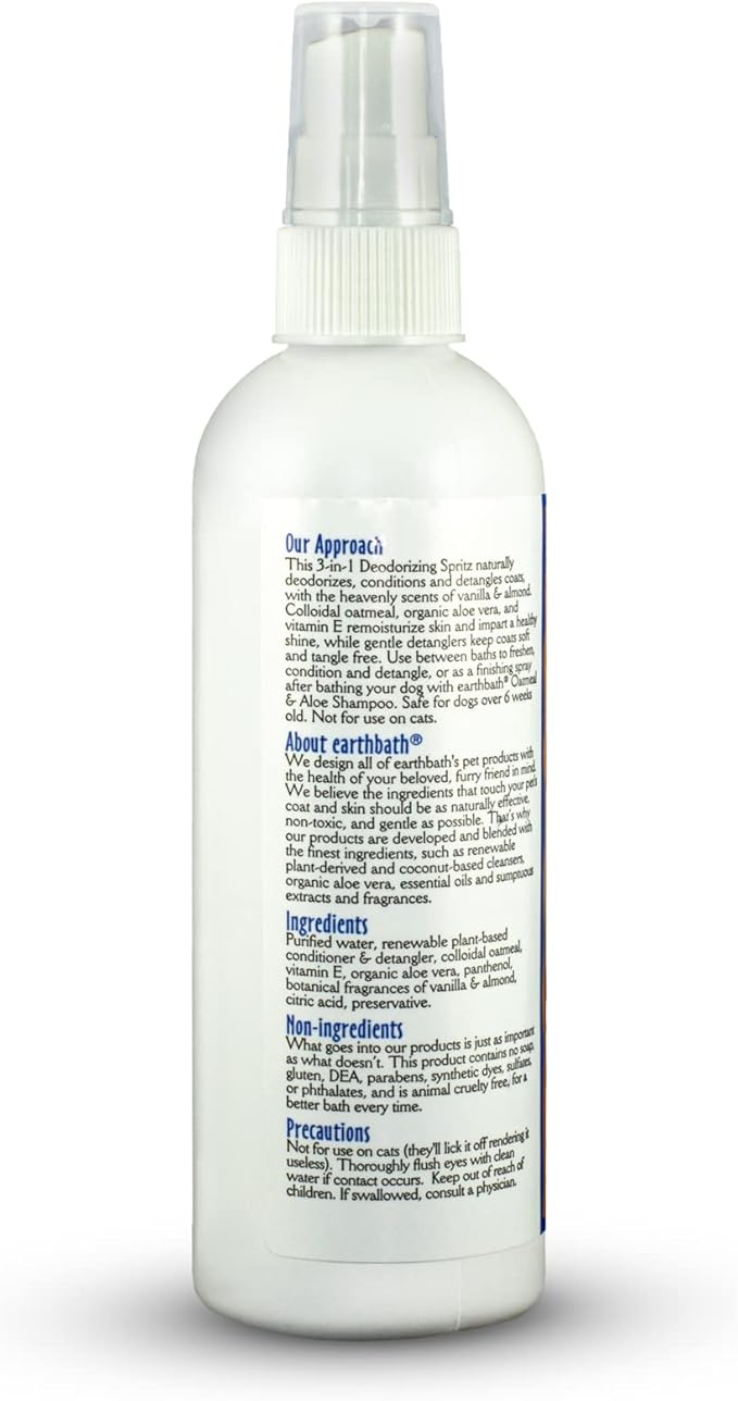 earthbath, Vanilla & Almond 3-in-1 Dog & Puppy Deodorizing Spritz - Dog Odor Eliminator for Strong Odor, Cruelty-Free Dog Cologne, Dog Wash Spray, Made in USA, Dog Bathing Supplies - 8 Oz (3 Pack)