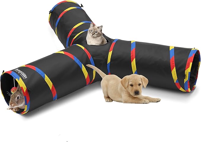 3 Way Large Cat Tunnels for Indoor Cats - Durable & Resistant to Scratching Cat Play Tube Tunnel - Includes Mouse Toy, Bell Ball - Gift for Ferrets & Rabbits (Black)