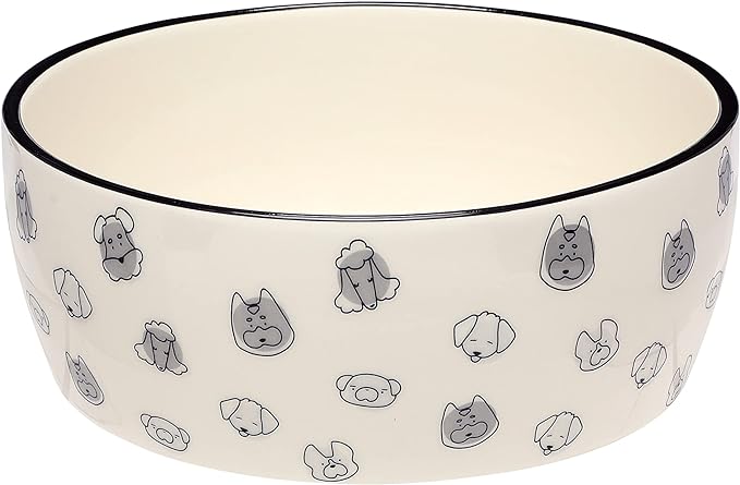 Pearhead Dog Faces Pet Bowl, Dog Water and Food Dish, Pet Owner Dog Accessory, Ceramic Dog Bowl, Microwave and Dishwasher Safe, Gray and White, Holds 9 Cups, Large