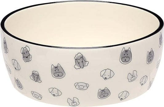 Pearhead Dog Faces Pet Bowl, Dog Water and Food Dish, Pet Owner Dog Accessory, Ceramic Dog Bowl, Microwave and Dishwasher Safe, Gray and White, Holds 9 Cups, Large