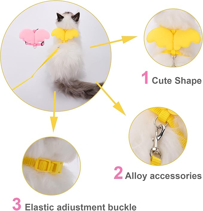 2Pcs Rabbit Harness and Leash, Adjustable Bunny Harness, Kitten Vest Harness and Leash Set, Cute Wings Pet Harness Leash Set for Bunny Puppy Kitten Ferret and Other Small Animals (Yellow+Pink)