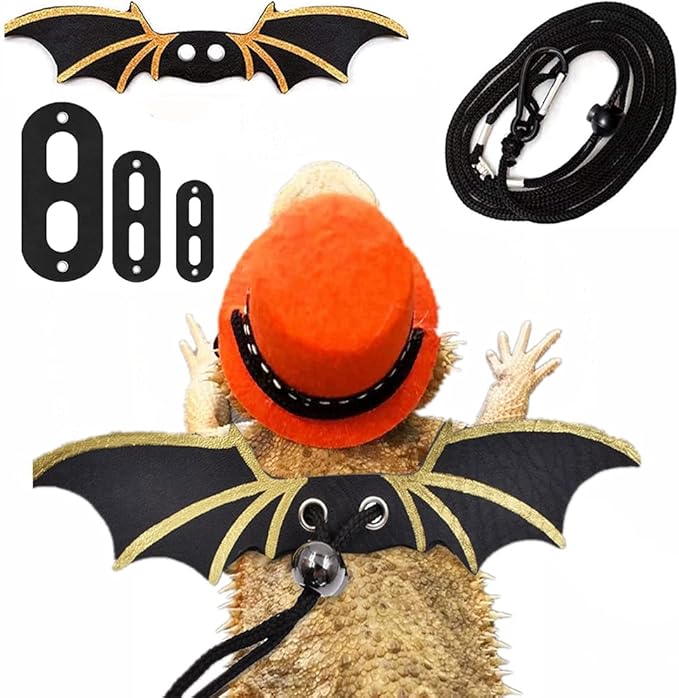 Bearded Dragon Leash Harness with Magician Hat and Bowtie Halloween Costume Set,3 Pack Bat Wing with Leash for Lizard Reptile Halloween,Holiday,Party,Photos Small Animal Clothes Outfit (Orange Set)