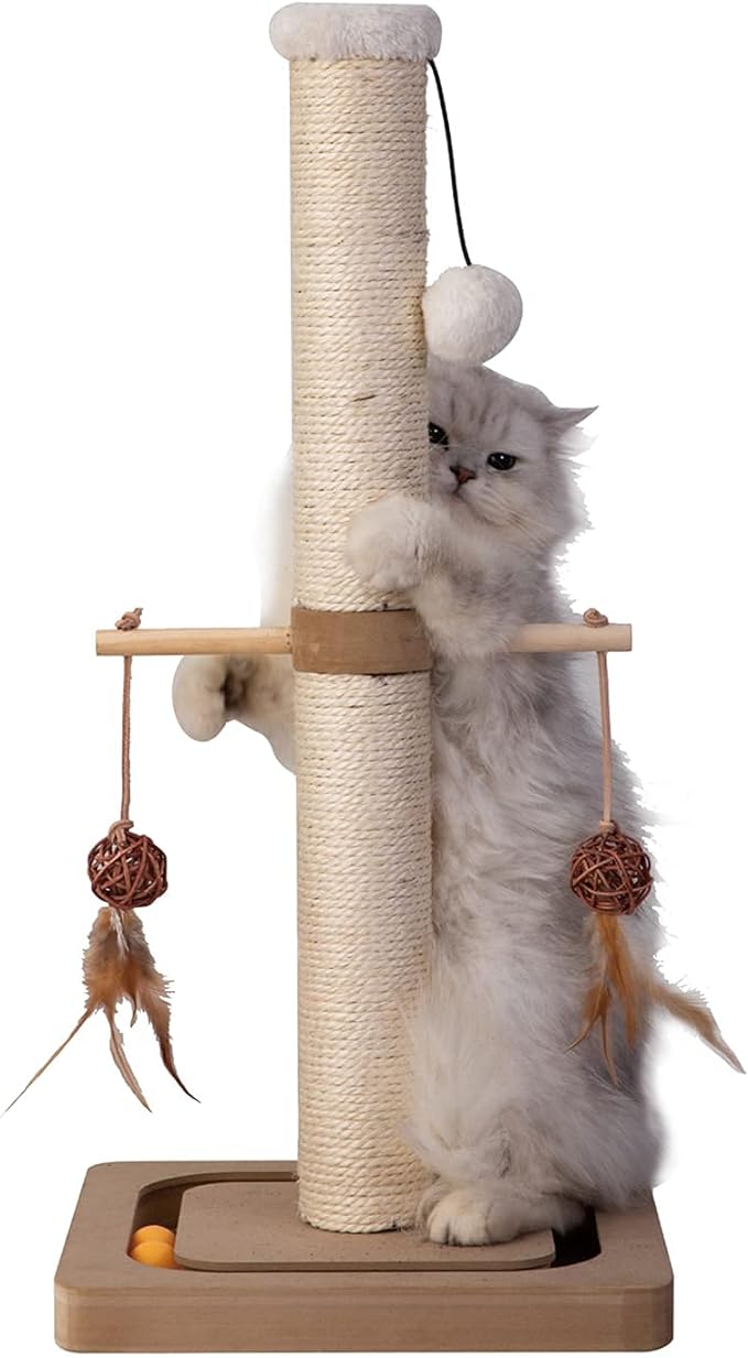 Cat Scratching Post Premium Sisal Toll Scratch Posts with Tracking Interactive Toys Vertical Scratcher for Indoor Cats and Kittens- 25 inches Beige