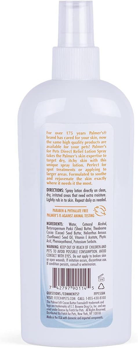 Palmer's for Pets Cocoa Butter Formula Direct Relief Lotion Spray for Dogs with Vitamin E | Fragrance Free Dog Lotion for Dry Itchy Skin Spray On Lotion for Dogs - 8 oz (FF15584)