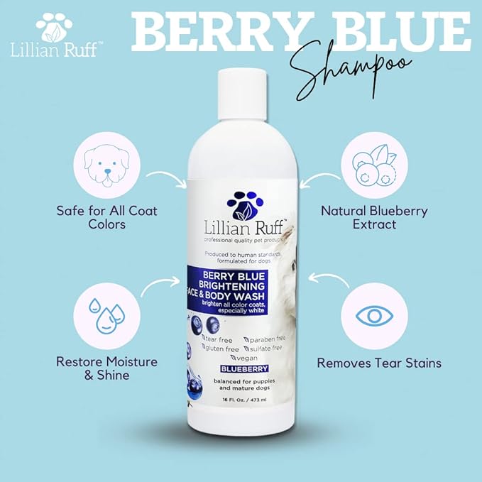 Lillian Ruff Berry Blue Brightening Face and Body Wash for Dogs - Blueberry Shampoo - Remove Tear Stains, Hydrate Dry Itchy Skin, Add Shine & Luster to Coats (Berry Blue Shampoo & Waterless Set)