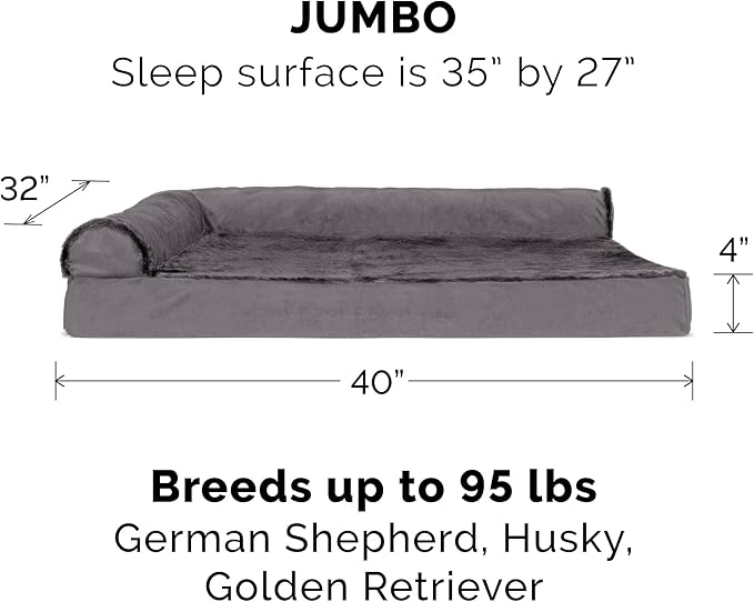 Furhaven Memory Foam Dog Bed for Large Dogs w/ Removable Bolsters & Washable Cover, For Dogs Up to 95 lbs - Plush & Velvet L Shaped Chaise - Platinum Gray, Jumbo/XL