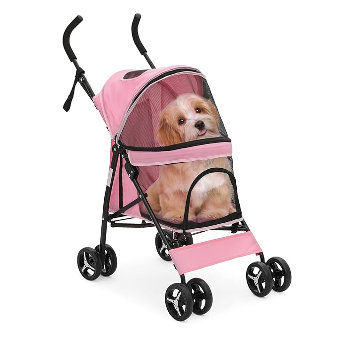 MoNiBloom 4 Wheels Pet Stroller, Easy-Fold Puppy Cage Jogger Stroller with Sun Cover, Pad and Rear Storage Bag, Breathable and Visible Mesh for Small/Medium Pets up to 22 lbs, Pink