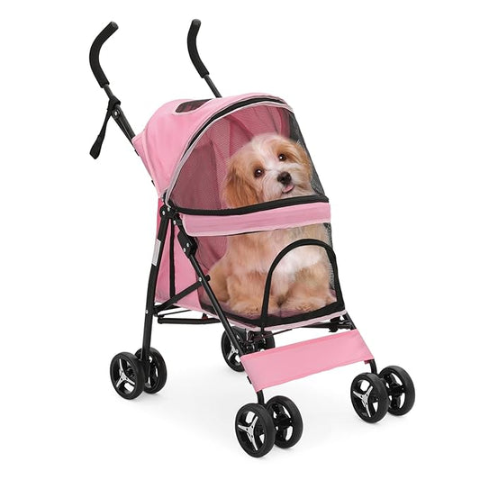 MoNiBloom 4 Wheels Pet Stroller, Easy-Fold Puppy Cage Jogger Stroller with Sun Cover, Pad and Rear Storage Bag, Breathable and Visible Mesh for Small/Medium Pets up to 22 lbs, Pink