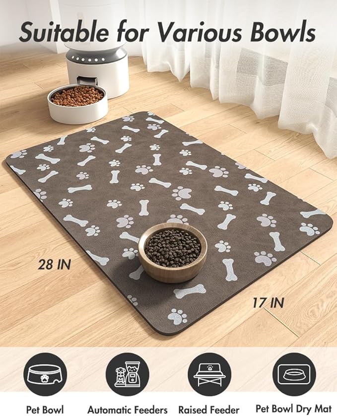 Pet Feeding Mat-Absorbent Dog Food Mat-Dog Mat for Food and Water-No Stains Quick Dry Dog Water Dispenser Mat-Pet Supplies-Dog Placemat Dog Water Bowl for Messy Drinkers (17"x28", Brown)