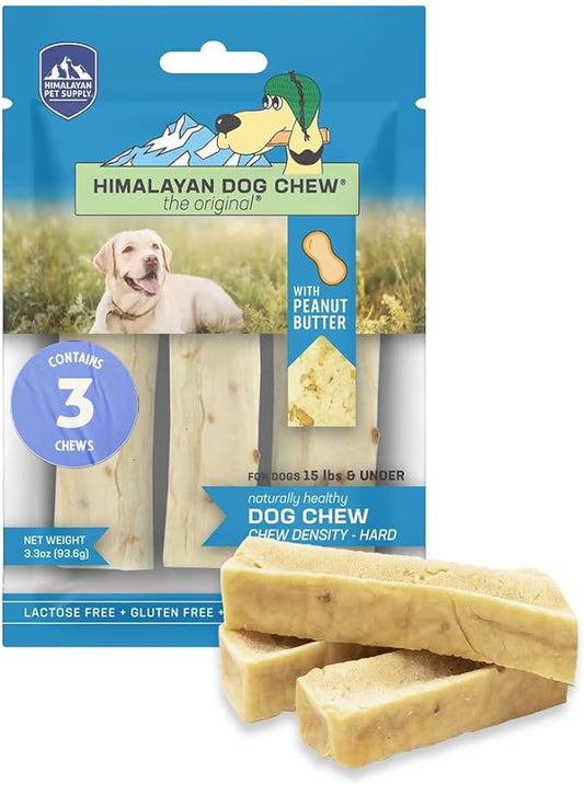 Himalayan Dog Chew Premium Yak Cheese Himalayan Dog Chews, Peanut Butter, 3 Small Treats, 1.1 oz, Healthy Dog Treats Small Dogs, Long Lasting Dog Chews for Puppy & Dogs Under 15 lbs