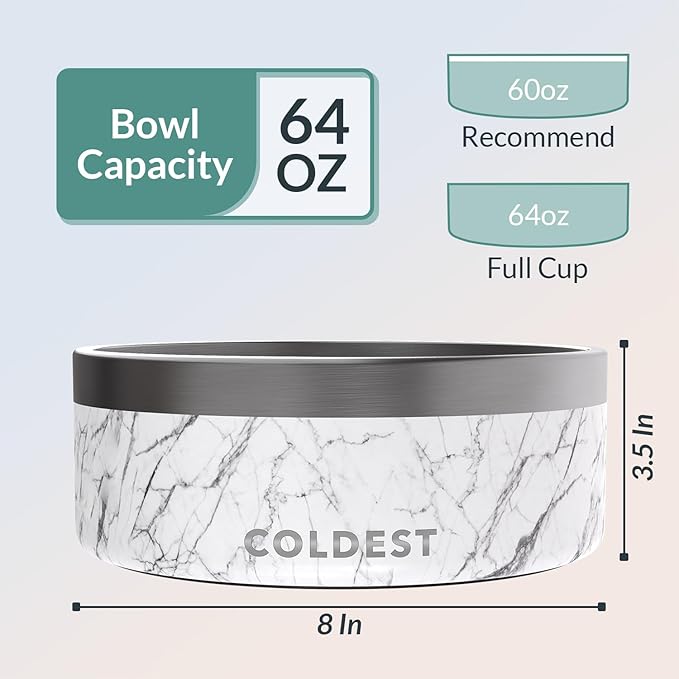 Coldest Dog Bowl - Anti Rust Metal & Non Slip Dog Bowls Large, Spill Proof Heavy Duty 3 Layers Insulated Dog Bowl - Food and Water Bowl for Dogs, Cats & Pets, Dishwasher Safe (64 oz, Carrara Marble)