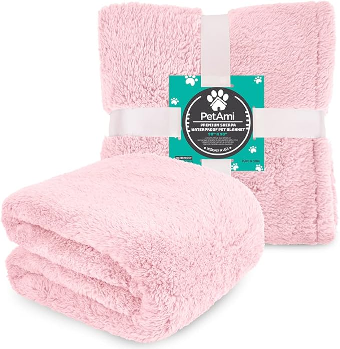 PetAmi Fluffy Waterproof Dog Blanket for Bed Large Dogs, Soft Warm Pet Sherpa Throw Pee Proof Couch Cover, Reversible Cat Blanket Sofa Crate Kennel Protector, Washable Mat Queen (Pink Blush, 90x90)