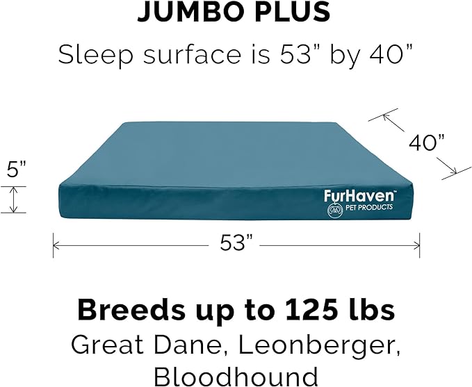 Furhaven Water-Resistant Memory Foam Dog Bed for Large Dogs, Deep Lagoon, Jumbo Plus/XXL, 53"L x 40"W x 5"Th