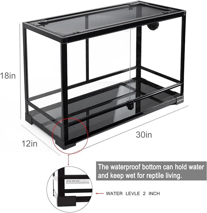 REPTI ZOO Tempered Glass Reptile Terrarium 30 Gallon, Wide Reptile Tank 30" x 12"x 18" for Reptile Pets Bearded Dragon Gecko Lizard, Double Front Opening Doors Top Screen Ventilation