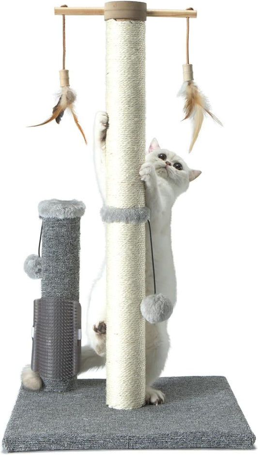 Cat Scratching Post,Sisal Scratch Posts Scratcher for Indoor Cats and Kittens,with self Grooming Bursh and Interactive Toys Vertical Cat Tree 30Inches Tall Grey