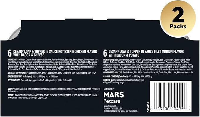 CESAR Soft Wet Dog Food Loaf in Sauce Rotisserie Chicken Flavor with Bacon & Cheese and Filet Mignon Flavor with Bacon & Potato Variety Pack, (24) 3.5 oz. Easy Peel Trays