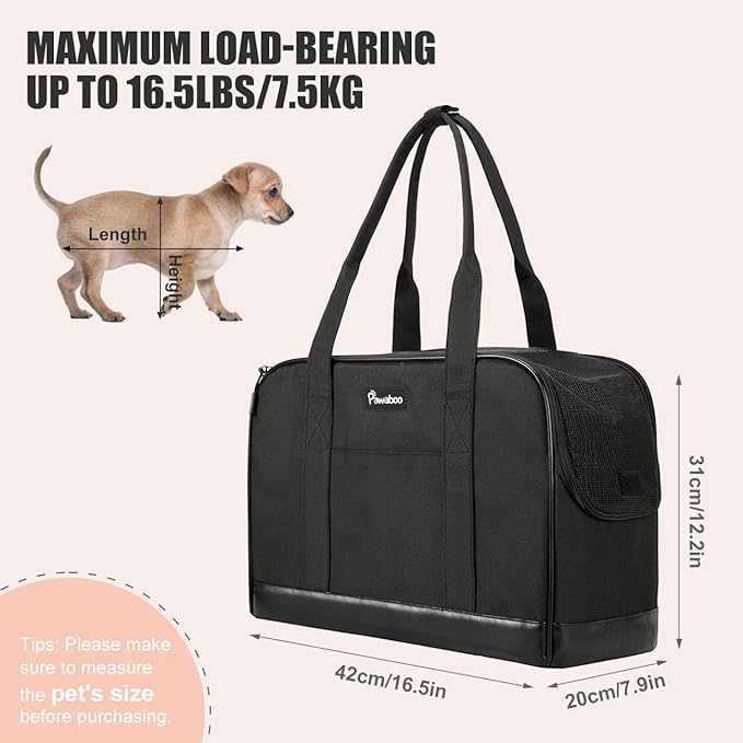 Pawaboo Dog Purse Carrier, Pet Carrier Tote with Pockets, Breathable Soft-sided Pet Bag with Adjustable Safety Tether Strap for Shopping Travel, Pet Carrier Purse for Small Medium Dog Cat, Black