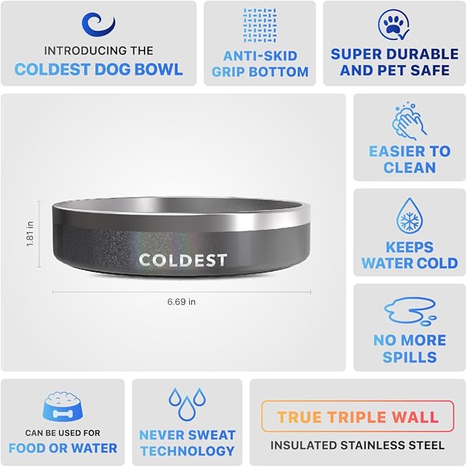 Coldest Dog Bowl - Anti Rust Metal & Non Slip Dog Bowls Large, Spill Proof Heavy Duty 3 Layers Insulated Dog Bowl - Food and Water Bowl for Dogs, Cats & Pets, Dishwasher Safe (21 oz, Stardust Glitter)