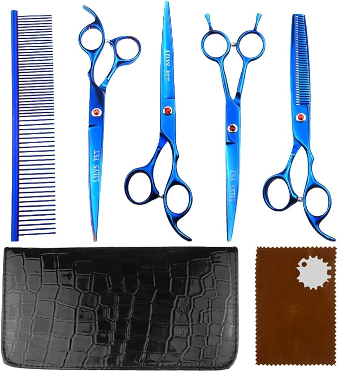 LILYS PET Professional PET DOG Grooming Coated Titanium scissors suit Cutting&Curved&Thinning shears (7.0 inches, Blue)…