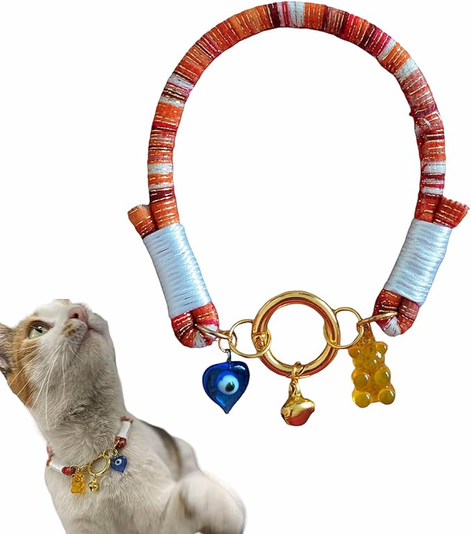 Cat Collar with Bell is Bohem, Evil eye beads for girls and boys cats,Small Breed Dogs cord accessory with charm tip (BROWN)