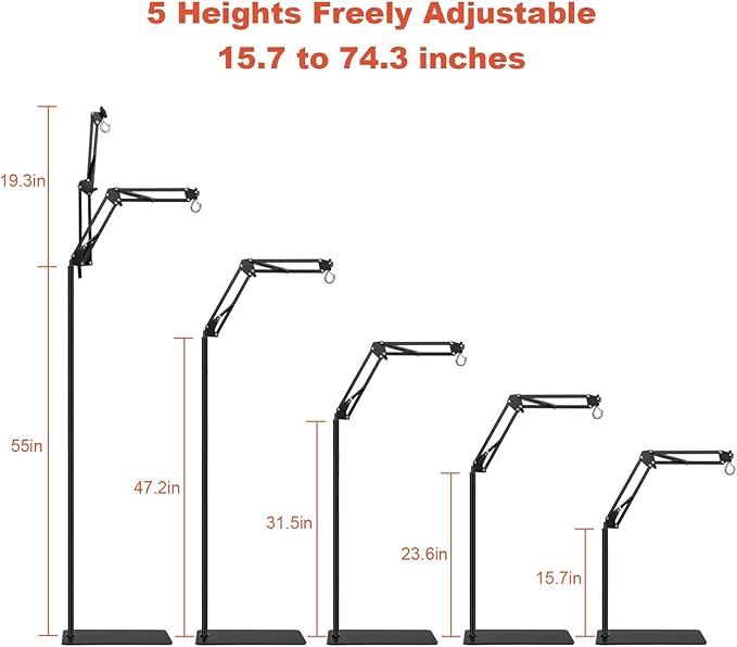 Reptile Lamp Stand, Adjustable 15.7 to 74.3 In Heat Lamp Metal Bracket Floor Light Holder for Lizards Bearded Dragons Chicks Terrarium Tank