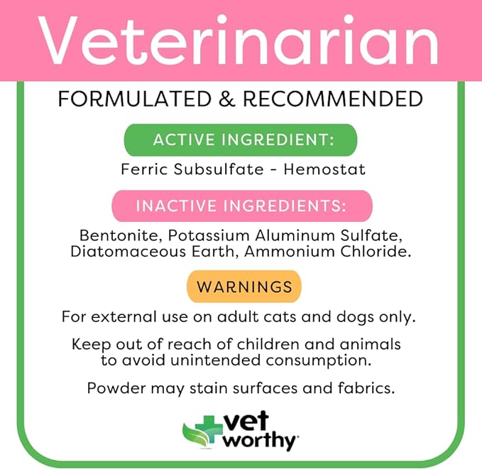 Vet Worthy Styptic Powder for Dogs - Wound Care Formula to Stop Bleeding from Minor Cuts, Nail Clipping, Declawing - Blood Stopper Powder with Ferric Subsulfate - 0.5oz