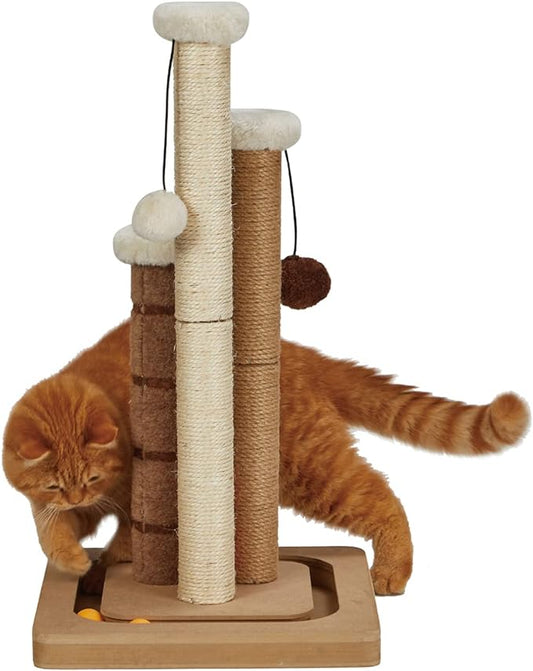 Cat Scratching Post Premium Natural Sisal Jute Carpet 3 Scratch Posts with Interactive Track Ball Base and Hanging Balls Toys Tall Kitten Scratcher for Indoor Kittens and Small Cats