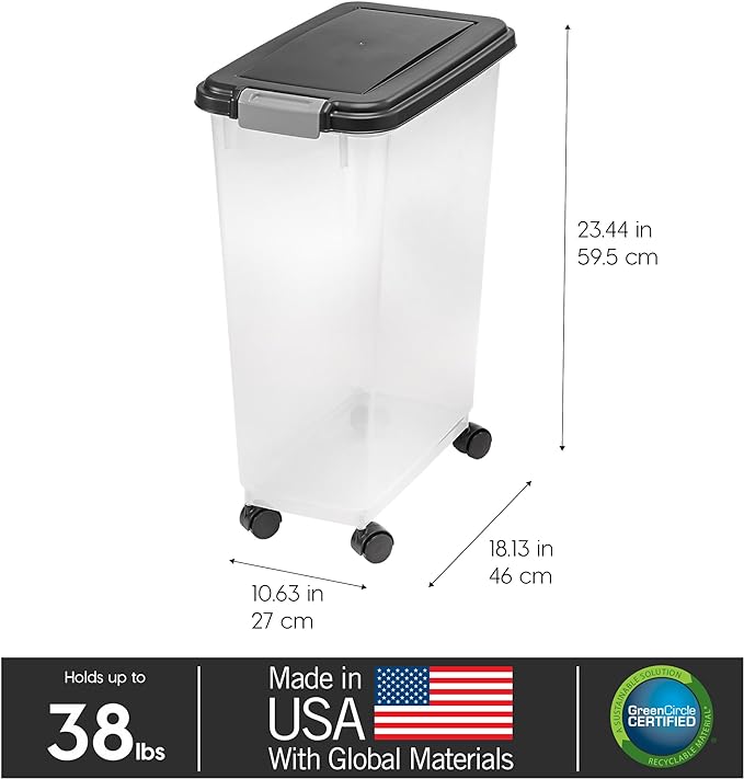 IRIS USA WeatherPro Airtight Dog Food Storage Container, Up to 38 lbs, Attachable Wheels, For Dog Cat Bird and Other Pet Food Storage Bin, Keep Fresh, Translucent Body, Easy Mobility, Black