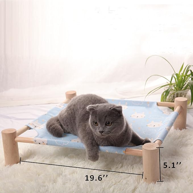 Pozico Cat/Dog Bed Hammock Cat Bed, Wooden Dog Elevated Indoor Outdoor Beds, Raised Cat Cots Furniture Pet Bed Puppy Bed Portable Breathable Mesh Cat Beds for Small Animals-Blue Rabbit