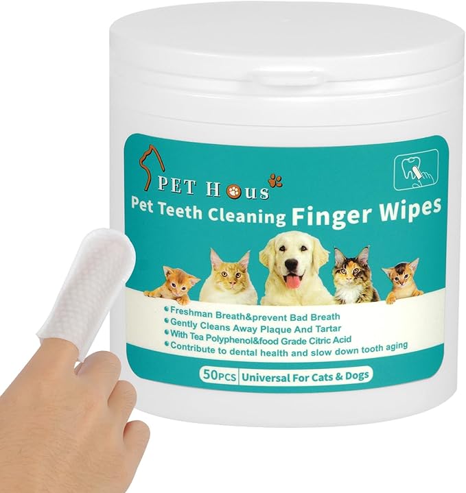 Teeth Cleaning Finger Wipes for Cat & Dog & Rabbit.Reduces Plaque & Freshens Breath Finger Wipes, Disposable Gentle Cleaning & Gum Care Pet Wipes (50PCS)