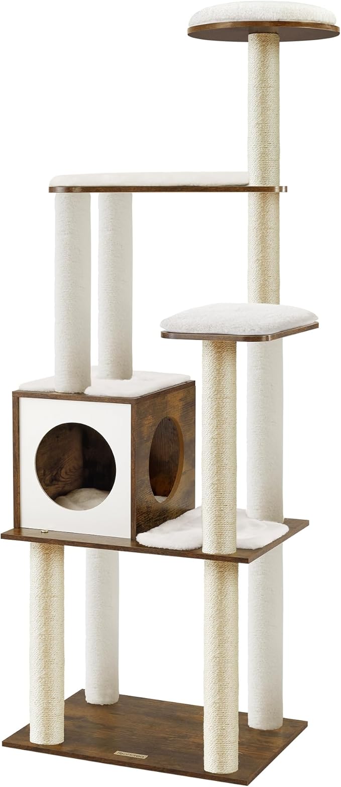 Feandrea WoodyWonders Cat Tree, 65-Inch Modern Cat Tower for Indoor Cats, Multi-Level Cat Condo with 5 Scratching Posts, Perch, Washable Removable Cushions, Cat Furniture, Rustic Brown UPCT166X01