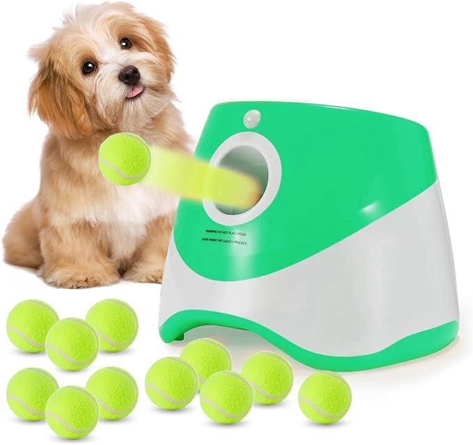 Dog ball thrower launcher,Automatic Ball Launcher for dogs with 12 Tennis Balls,Thrower Distance 10-30ft,interacive Dog Toys Tennis Ball Launcher for Small Dogs(Green ball launcher)