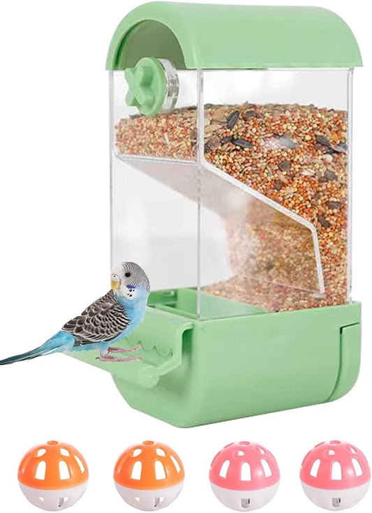 No Mess Bird Cage Feeder Automatic Parakeets Seed Food Container Acrylic Parrot Feeder Cage Accessories Transparent Small and Medium Lovebirds Canary Cockatiel Finch (Green)