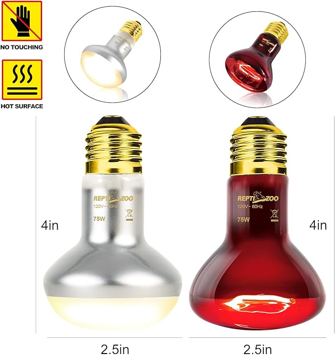 REPTIZOO 75W Reptile Heat Lamp Bulb, 2PCS Day & Night Basking Spot Light Combo Pack includes Infrared Heat Lamp and UVA Daylight Heating Lamp Basking Light
