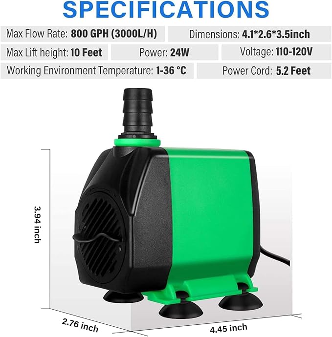 Simple Deluxe 60W 800GPH Submersible Pump (3000L/H), Ultra Quiet (10ft High Lift), 3 Nozzles with 5.2ft Power Cord for Fish Tank, Pond, Aquarium, Statuary, Hydroponics, Fountain