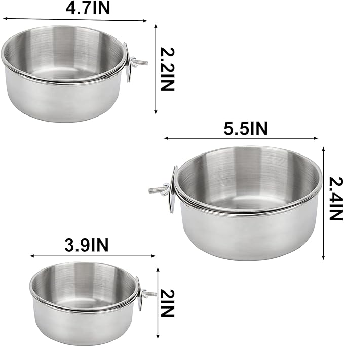 Bird Feeding Dish Cups 3 Pack Parrot Food Bowl Cage with Clamp Holder Stainless Steel Birdcage Coop Water Feeder for Cockatiel Conure Budgies Parakeet Macaw Finches Lovebirds Small Animal