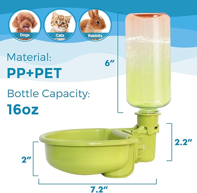 16oz Pet Water Bottle, Gravity Dog Water Bowl Dispenser for Cage, Anti-Overflow Water Dispenser for Small Dogs, Cats, Rabbits and Other Small Animals, BPA Free, Gradient Green