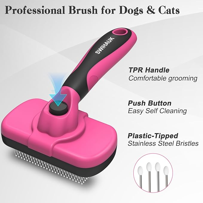 Self Cleaning Slicker Brush for Dogs & Cats, Skin Friendly Grooming Cat Brush, Dog Brush for Shedding, Deshedding Brush, Hair Brush Puppy Brush for Haired Dogs, Pet Supplies Accessories, Pink