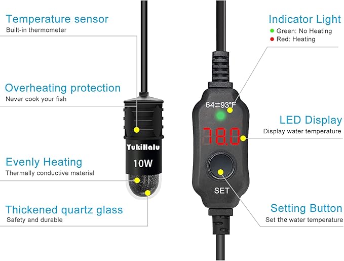 YukiHalu USB Powered Aquarium Heater, 10W Adjustable Mini Fish Tank Heater with External Temperature Controller, LED Display, Used for 0.5-1 Gallon Tank (10W USB)