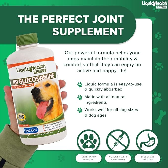 LIQUIDHEALTH 32 Oz K9 Liquid Glucosamine for Dogs, Puppies and Senior Canines - Chondroitin, MSM, Hyaluronic Acid – Joint Health, Dog Vitamins Hip Joint Juice, Dog Joint Oil - 3 Pack