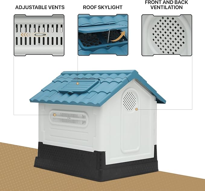 MoNiBloom Easy to Clean Insulated Dog House with Mats and Tray, Outdoor Durable Dog House for Small Medium Large Dogs, Waterproof Doghouses with Elevated Floor and Air Vents, 30.5"D x 23.5"W x 30"H